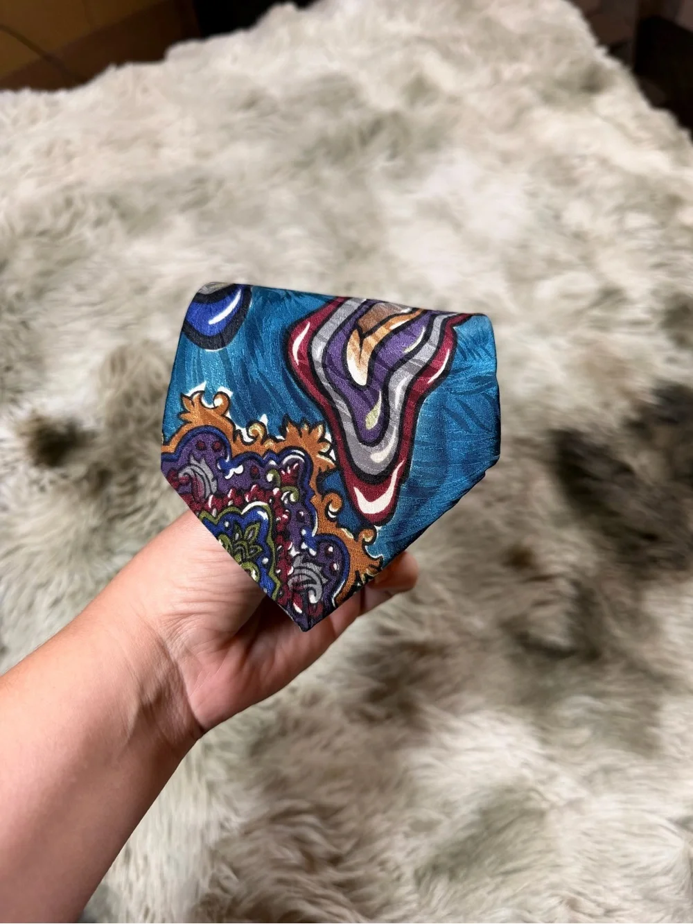 Vintage Albert Nipon Men’s Silk Teal Paisley Pattern Tie with Multicolor Accents